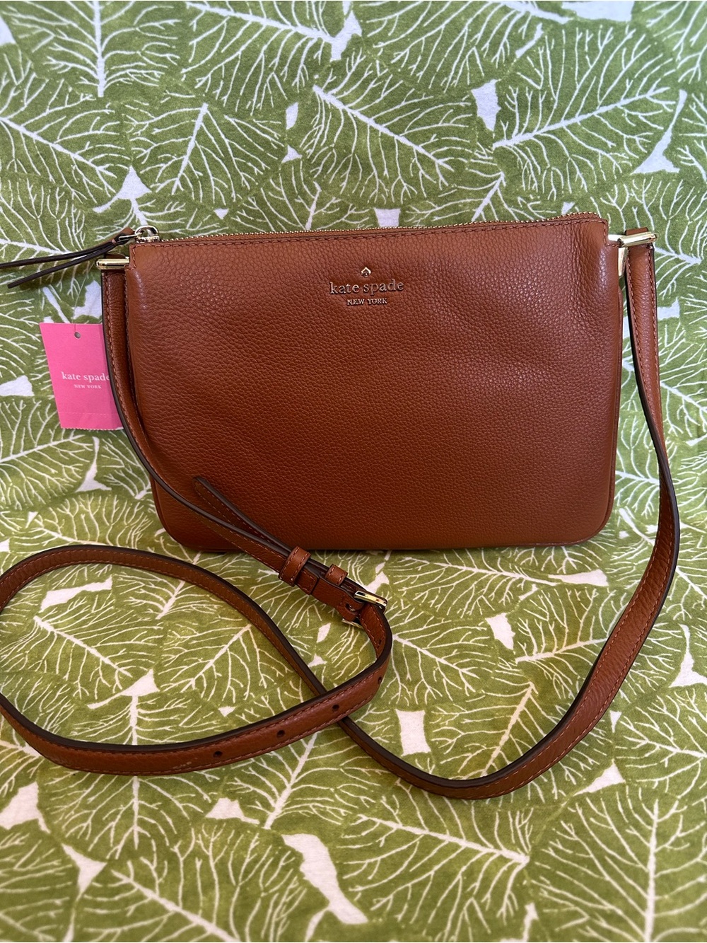 kate spade Pebbled Leather Crossbody in Cognac Brown with Gold Hardware